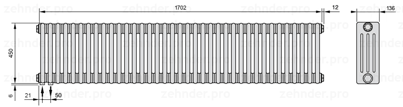 Схема (чертеж) Радиатор Zehnder Charleston 4045/37 №3370 Белый глянцевый RAL 9016